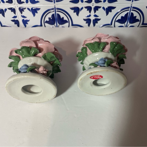 Vintage Set 1970’s Bisque Porcelain Handcrafted Rose Candle Holders on Pedestals - Picture 7 of 13